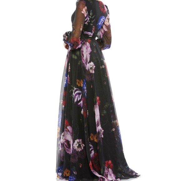 Mac Duggal Black Floral Print Chiffon Long Sleeve Maxi Dress - Picture 2 of 9